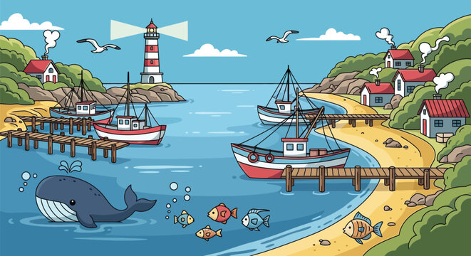 Cartoon coastal village harbor with lighthouse whale and fishing boats