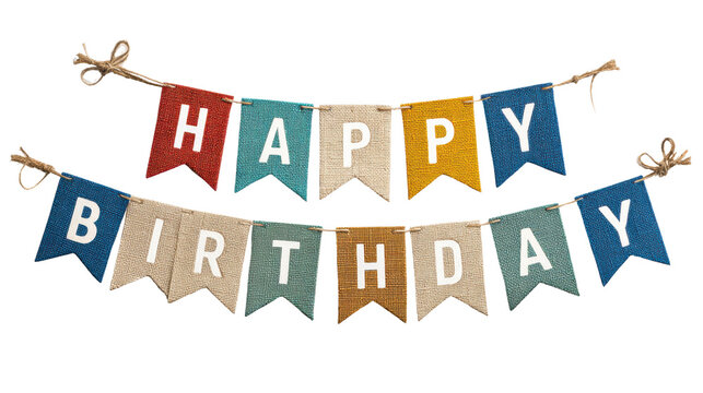 Colorful burlap banner with letters spelling happy birthday on black celebration party, Png On White Background, Isolated on Transparent Background, Cut Out