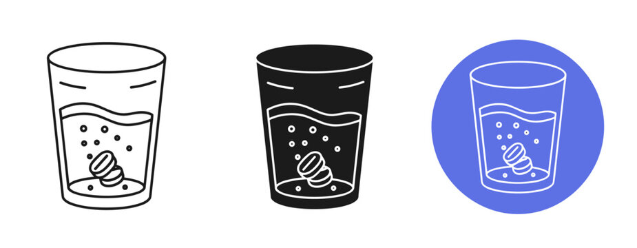 Set of fizzy drinks in glasses with effervescent tablets icons