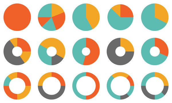 Pie chart graphics vector, multicolored circular diagrams with 2 3 4 5 6 segments, infographic icons for business reports, UI interface design, web analytics, and presentation charts.