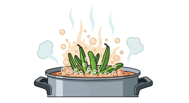 Vibrant green pods gently blanching in a bubbling saucepan, steam gracefully rising. A stylized illustration portraying healthy vegetable