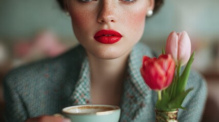 Morning elegance with woman holding coffee and tulip nearby