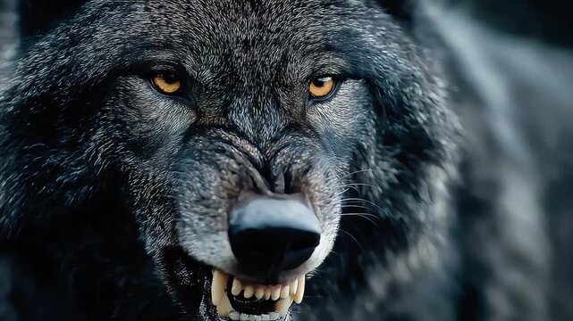 Anamorphic video powerful and intense close-up of a black wolf snarling, revealing its sharp fangs.