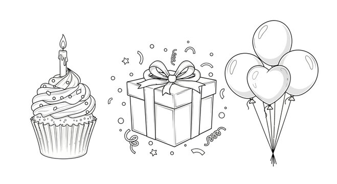 Birthday Celebration Icons: Cupcake, Gift Box, Balloons - Black and White Line Art