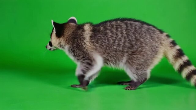 Cute raccoon standing on green background looking forward curiously