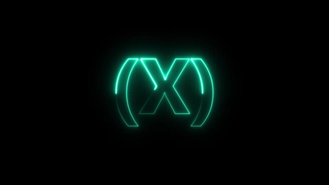 Glowing futuristic neon X symbol with parentheses in dark background abstract digital tech animation