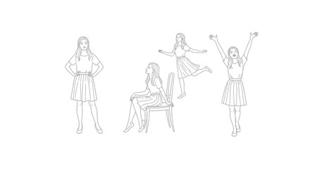 Obraz premium Young Woman Poses: Standing, Sitting, Dancing, Celebrating - Line Art Illustration