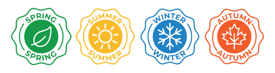 Four Seasons Round Badge Icons &ndash; Spring, Summer, Autumn and Winter Emblem Set