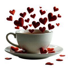 Cup of coffee with hearts floating out of it on saucer on.