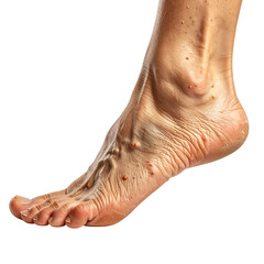 Close up of person bare foot on black background with small spot.