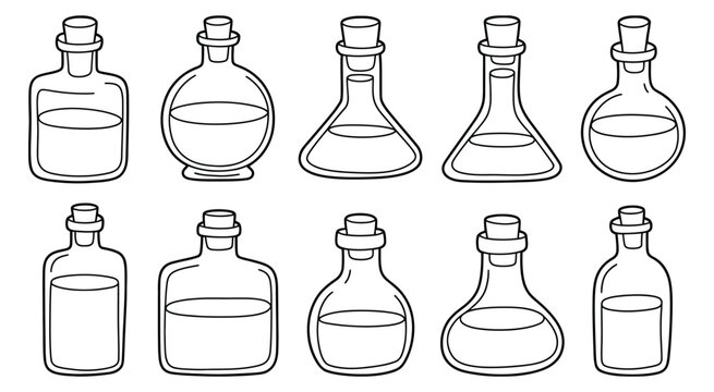 Glass bottles vector illustration, outlined assorted flasks filled with colorful liquids, alchemy and science experiment concept