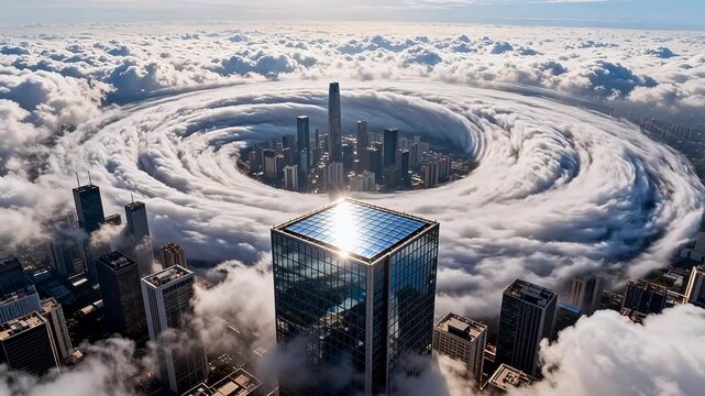 Urban skyscrapers surrounded by spiral vortex of clouds
