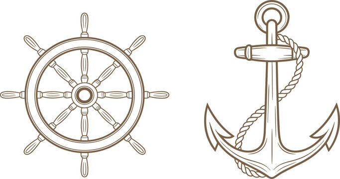 Vintage vector hand drawn nautical ship helm and anchor set, maritime sea navigation symbols, rustic engraving