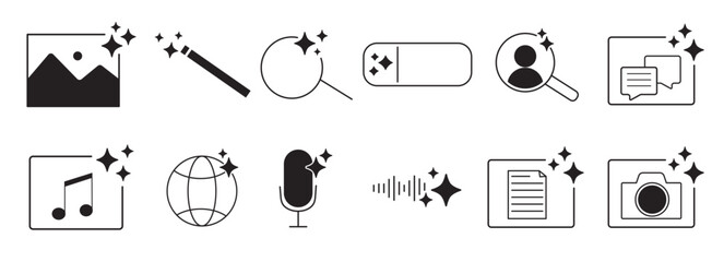Ai generated audio or media icon set. Ai star sparkle symbol, creative artificial intelligence and machine learning technology concept. Generative AI. music generated, image generate, magic pencil