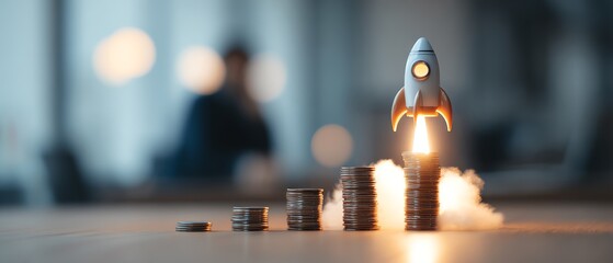 Rocket launch signifies financial growth concept.