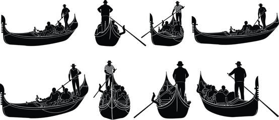 Gondola boat silhouettes with gondolier and passengers, traditional Venetian water transport vector illustration collection set © MdTajemul