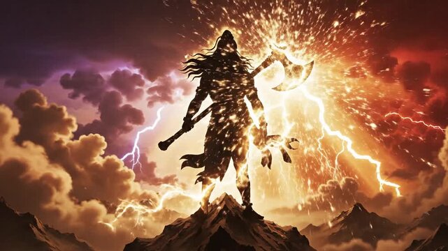 Cinematic illustration of Lord Parshuram silhouette for Parshuram Jayanti festival celebration featuring a divine warrior monk with an axe against a golden sunrise or sunset background