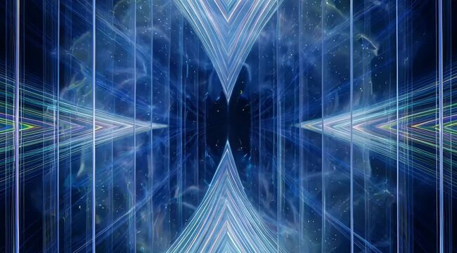 Psychedelic iridescent holographic energy burst expands in a symmetric digital tunnel Abstract technology loop