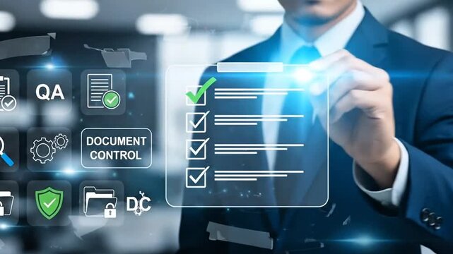 Businessman interacting with digital document control interface