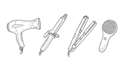 Fototapeta premium Hair Styling Tools Collection: Hair Dryer, Curling Iron, Straightener, Brush - Line Art