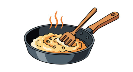 An inviting illustration of a breakfast dish actively cooking in a frying pan, with a wooden spatula gently stirring the hot, steaming, creamy food