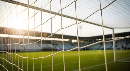 Obraz premium Soccer stadium goal net with green field and sunlight