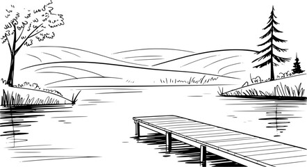 Obraz premium Hand drawn of a wooden pier a calm lake with rolling hills and trees water nature