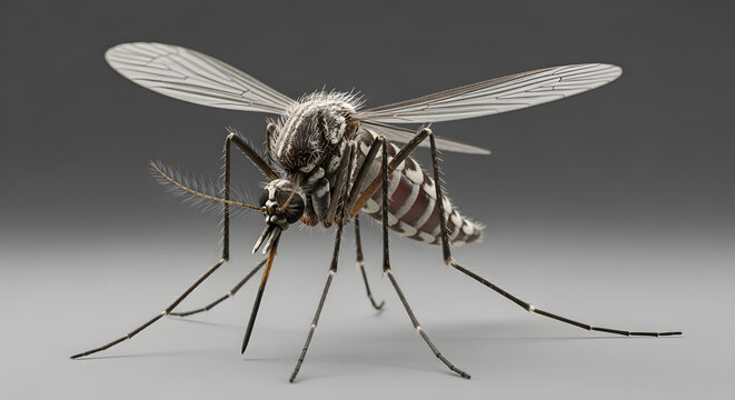 A detailed macro close-up of a mosquito standing on a gray background.