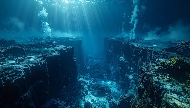 Sunlight filtering through underwater canyon with rocky formations