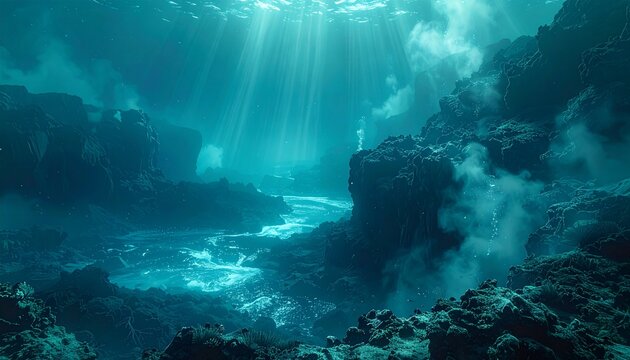 Underwater landscape with sunbeams shining through turquoise water and rocky terrain