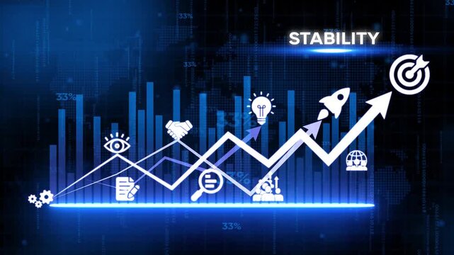 Business Stability Growth Concept with Infographic and Statistics on Dark Blue Background with Glowing Neon Lines