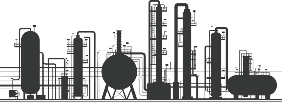 "Industrial chemical petrochemical plant silhouette vector illustration with distillation columns, storage tanks, piping systems, refinery equipment schematic design"