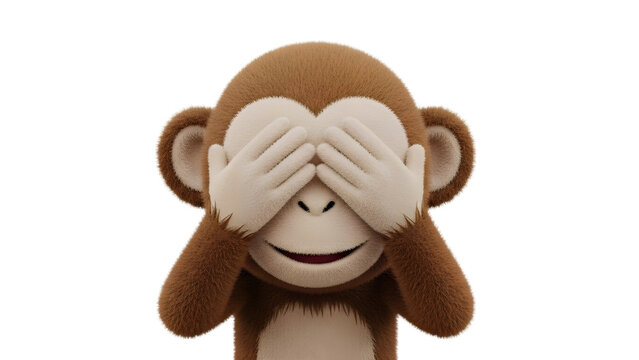 Cute monkey toy covering face with hands on transparent background