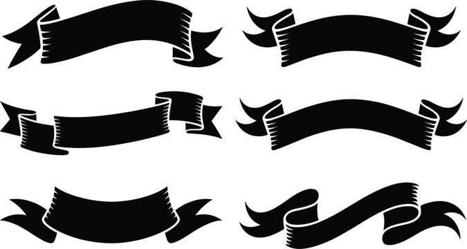 Vintage hand drawn black ribbon banner collection vector set, antique blank scrolls for decorative text design
