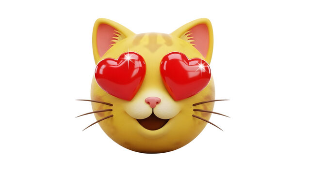 Smiling yellow cat face with heart eyes on transparent background