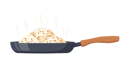 Steaming fragrant rice with golden sesame seeds served in a stylish dark pan, featuring a rustic wooden handle, evoking warmth and home cooked meals