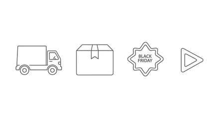 Delivery Truck, Package, Black Friday Sale Icon, Play Button: E-commerce and Logistics Icons