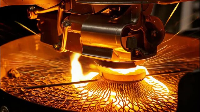 Coffee roaster bean roasting machine heat flame closeup inside industrial drum, fiery gas burner under rotating cylinder, orange glow on steel parts, artisanal cafe production