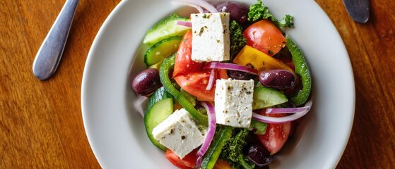 Greek salad with feta cheese, olive, cucumber, tomato and pepper on wooden table, healthy mediterranean diet
