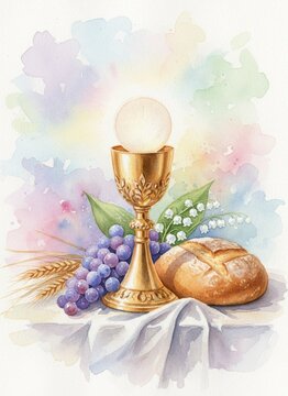 First Holy Communion  Pierwsza Komunia Święta Primewater color composition with golden chalice, host, grapes, bread white roses, religious christian celebration element isolated on white background