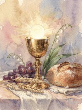 First Holy Communion  Pierwsza Komunia Święta Primewater color composition with golden chalice, host, grapes, bread white roses, religious christian celebration element isolated on white background