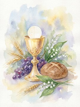 First Holy Communion  Pierwsza Komunia Święta Primewater color composition with golden chalice, host, grapes, bread white roses, religious christian celebration element isolated on white background