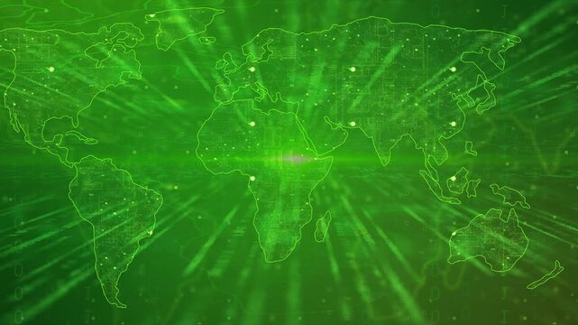 Futuristic green world map with glowing code rays and digital circuit patterns, symbolizing global technology, data flow, and network connectivity.

