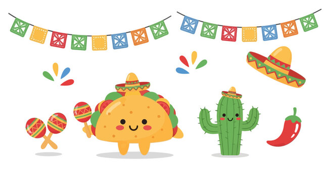Vibrant Mexican Fiesta Celebration Elements Set with Cute Cartoon Taco, Smiling Cactus, Traditional Sombreros, Maracas, Chili Pepper, and Papel Picado Banners