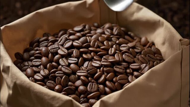 Coffee bean roasted in paper bag closeup with metal scoop, fresh dark roast beans spilling in kraft sack, rustic kitchen background, rich caffeine aroma, espresso brewing ingredient