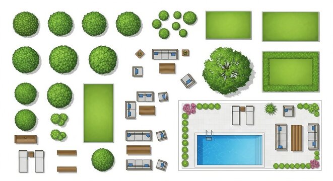 Modern Residential Backyard Master Plan with Swimming Pool and Outdoor Lounge Assets
