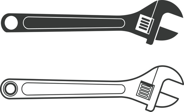 Hand drawn adjustable wrench tool vector set, black and white outline spanner icons for repair and maintenance