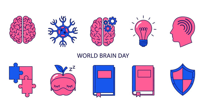Flat vector icons related to brain health featuring brains a neuron lightbulb head profile puzzles apple books and a shield
