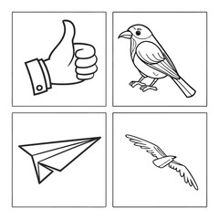 Four black and white illustrations depicting a thumb bird plane and wing silhouette high quality professional
