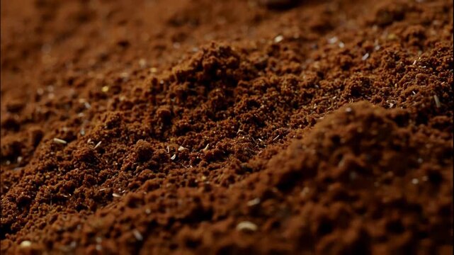 Soil dirt earth texture brown macro closeup topsoil rich ground surface, compost and organic matter, crumbly moist garden mulch background, granular particles, warm light, shallow depth of field